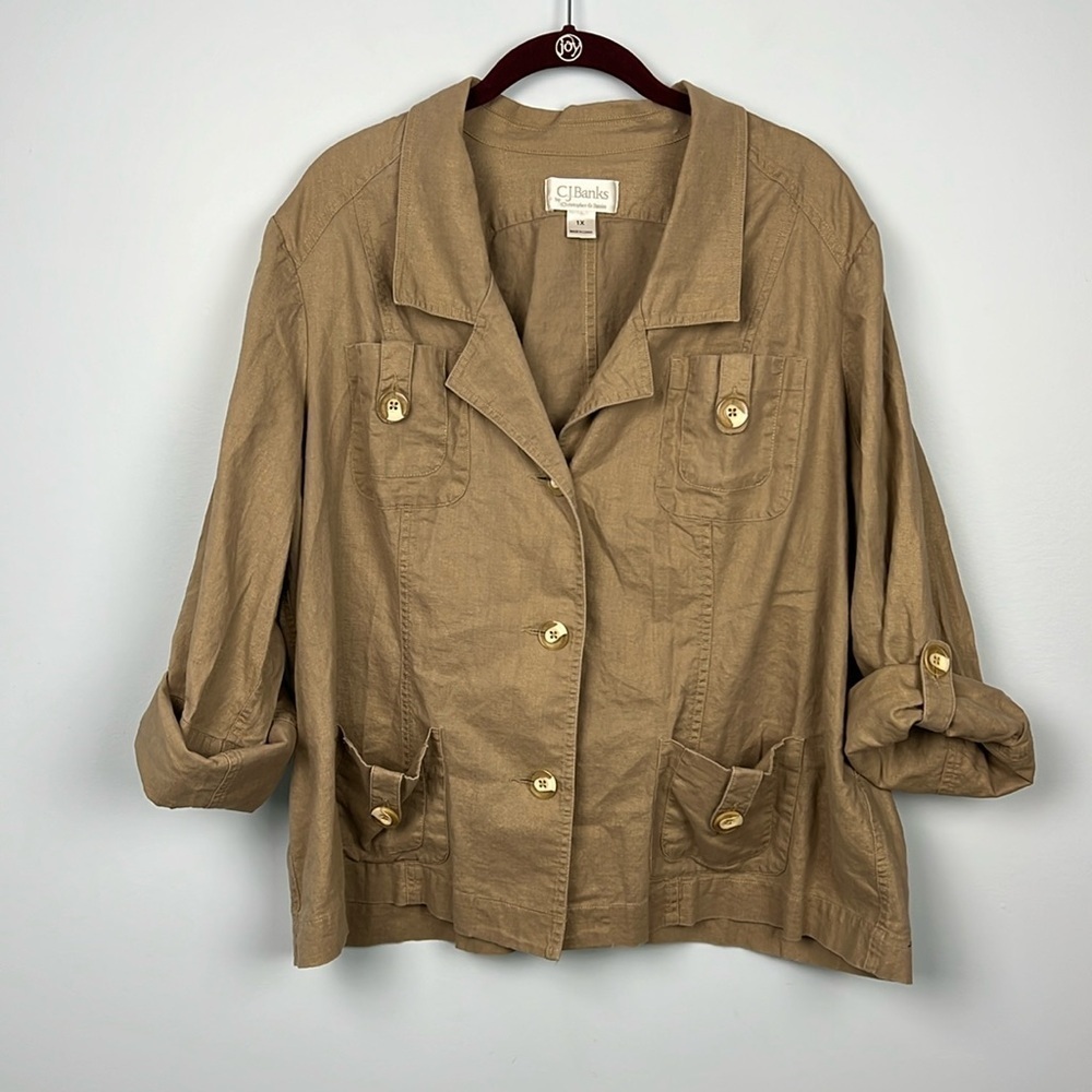 CJ Banks plus size 1X Linen blend button down metallic thread jacket